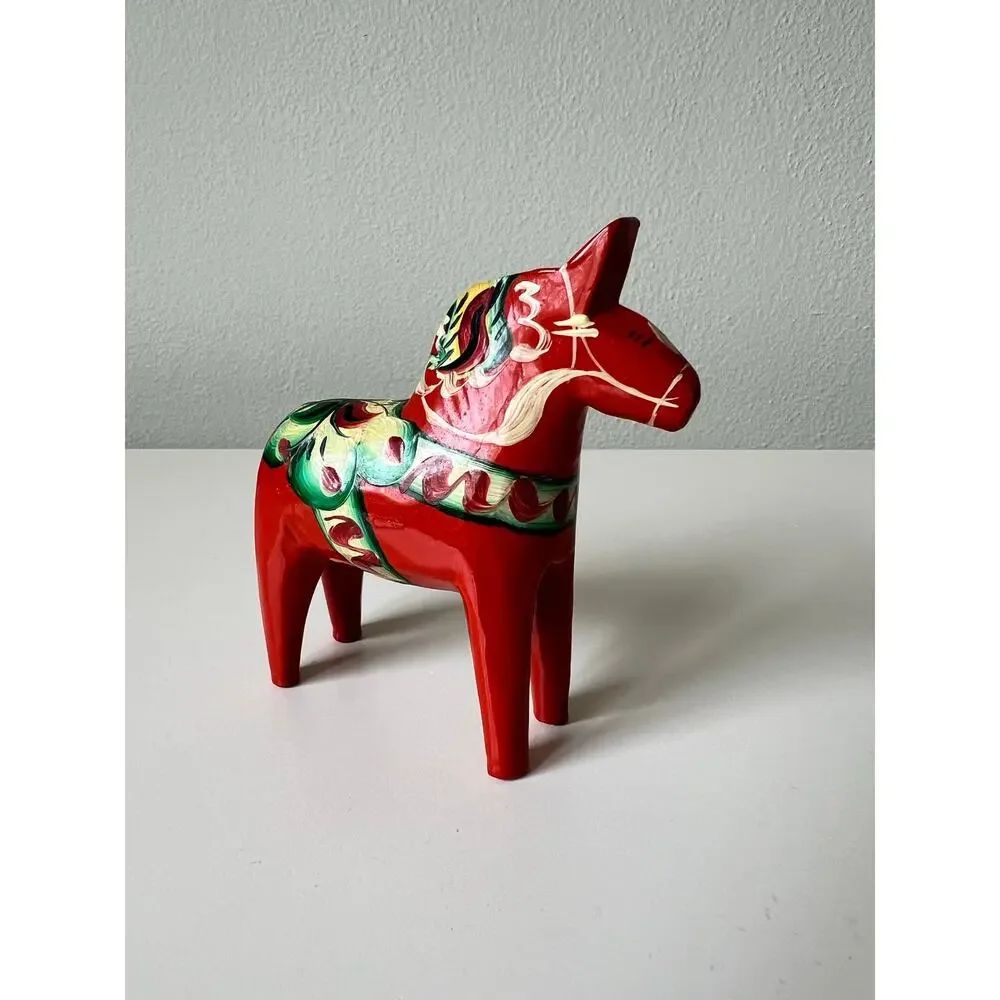 Vintage 1950s Swedish 4" Handcrafted Hand Carved Wood Flower Dala Horse Figurine - Picture 1 of 7